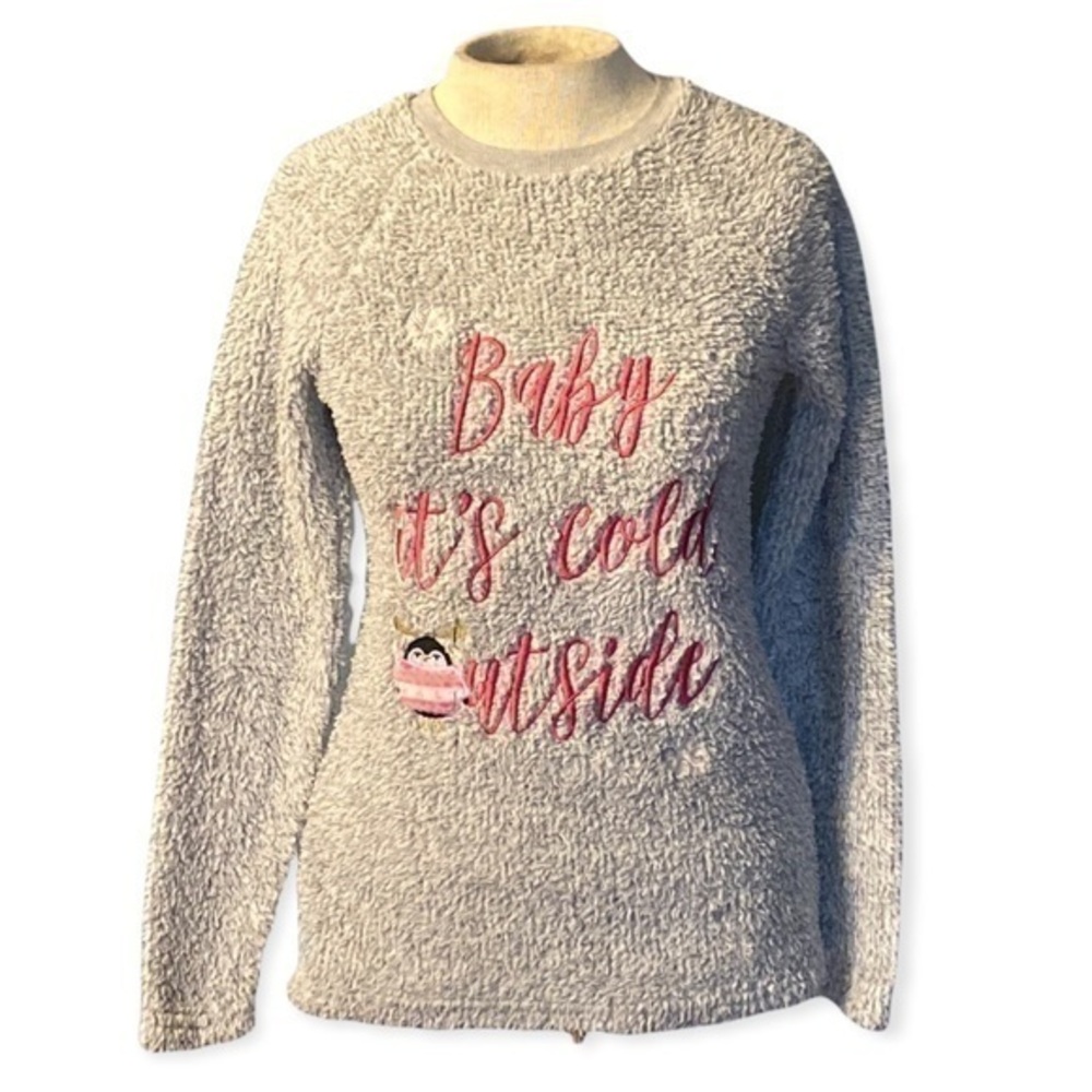 Holiday Time Baby It’s Cold Outside fuzzy long sleeve shirt XS gray